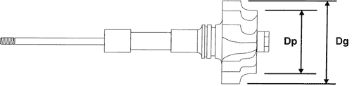 Croquis de rueda compresora o turbina con el diametro mayor Dg y el diametro menor de paso Dp