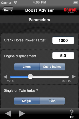 The Garrett Boost Adviser takes few inputs about your engine before giving the recommendations and offers help for each of them.