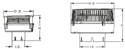 croquis del prefiltro Flex-in-line, modelo de dos pulgadas a la izquierda y modelo de cuatro pulgadas y media a la derecha