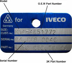 Nameplate sample showing Model, O.E.M. Part Number, Serial Number and 3K Part Number