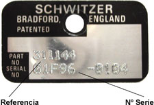 Chapa de identificación mostrandola Referencia Schwitzer y el Número de Serie