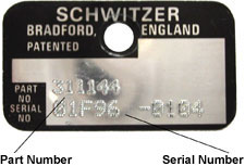 Nameplate sample showing Schwitzer Part Number and Serial Number