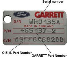 Nameplate sample showing Serial number, O.E.M. Part Number and GARRETT Part Number