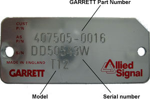 Nameplate sample showing GARRETT Part Number, Model and Serial Number